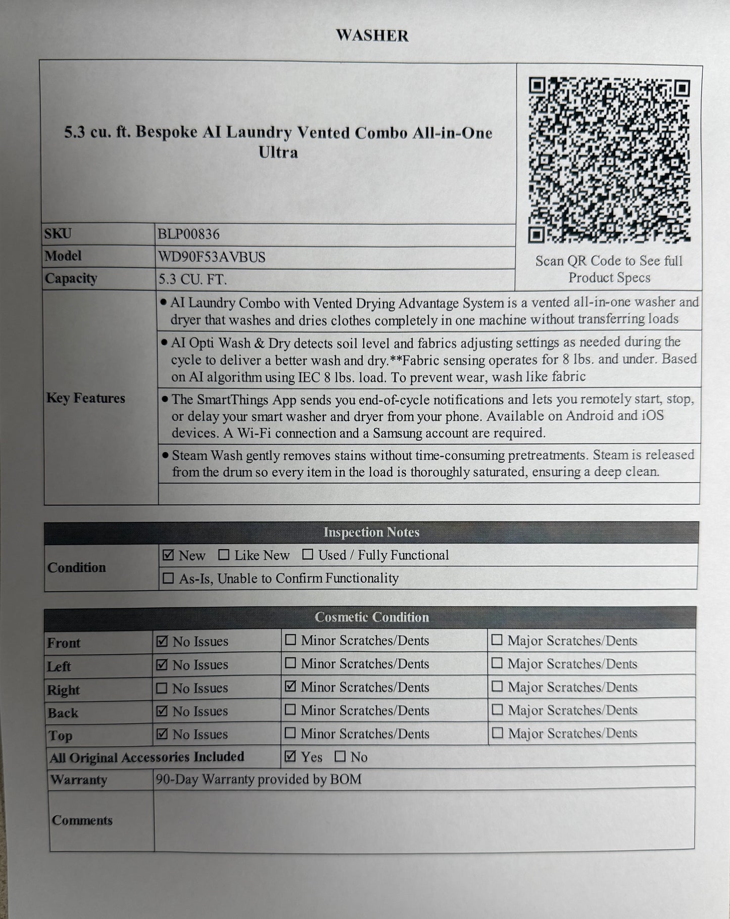 BLP00836 - Samsung 5.3 cu. ft. Bespoke AI Laundry Vented Combo All-in-One Ultra - WD90F53AVBUS