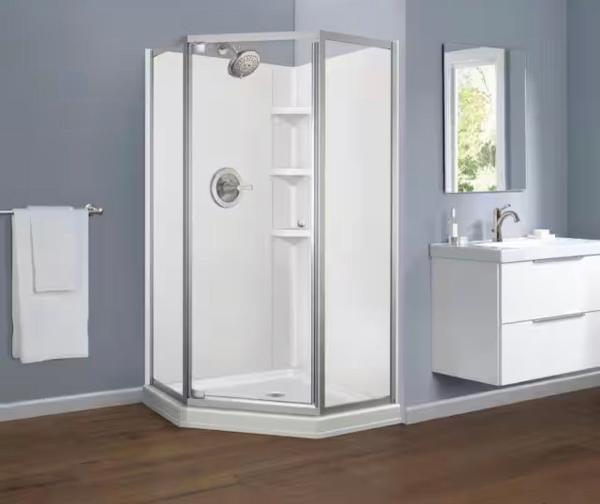 AC260231 Delta 38 in. W x 74 in. H Neo-Angle Pivot Framed Corner Shower Enclosure in Chrome with Clear Glass