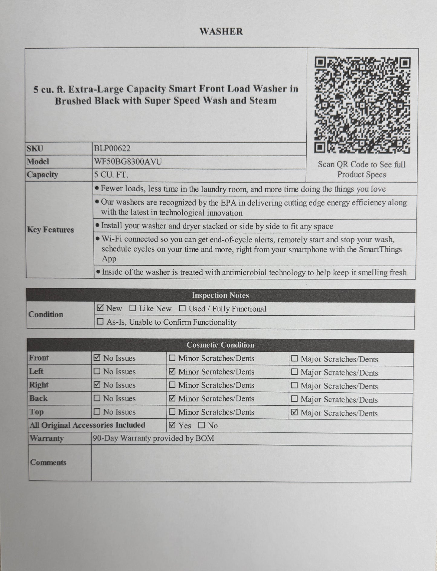 BLP00622 - Samsung - 5 cu. ft. Extra-Large Capacity Smart Front Load Washer in Brushed Black with Super Speed Wash and Steam - WF50BG8300AVU