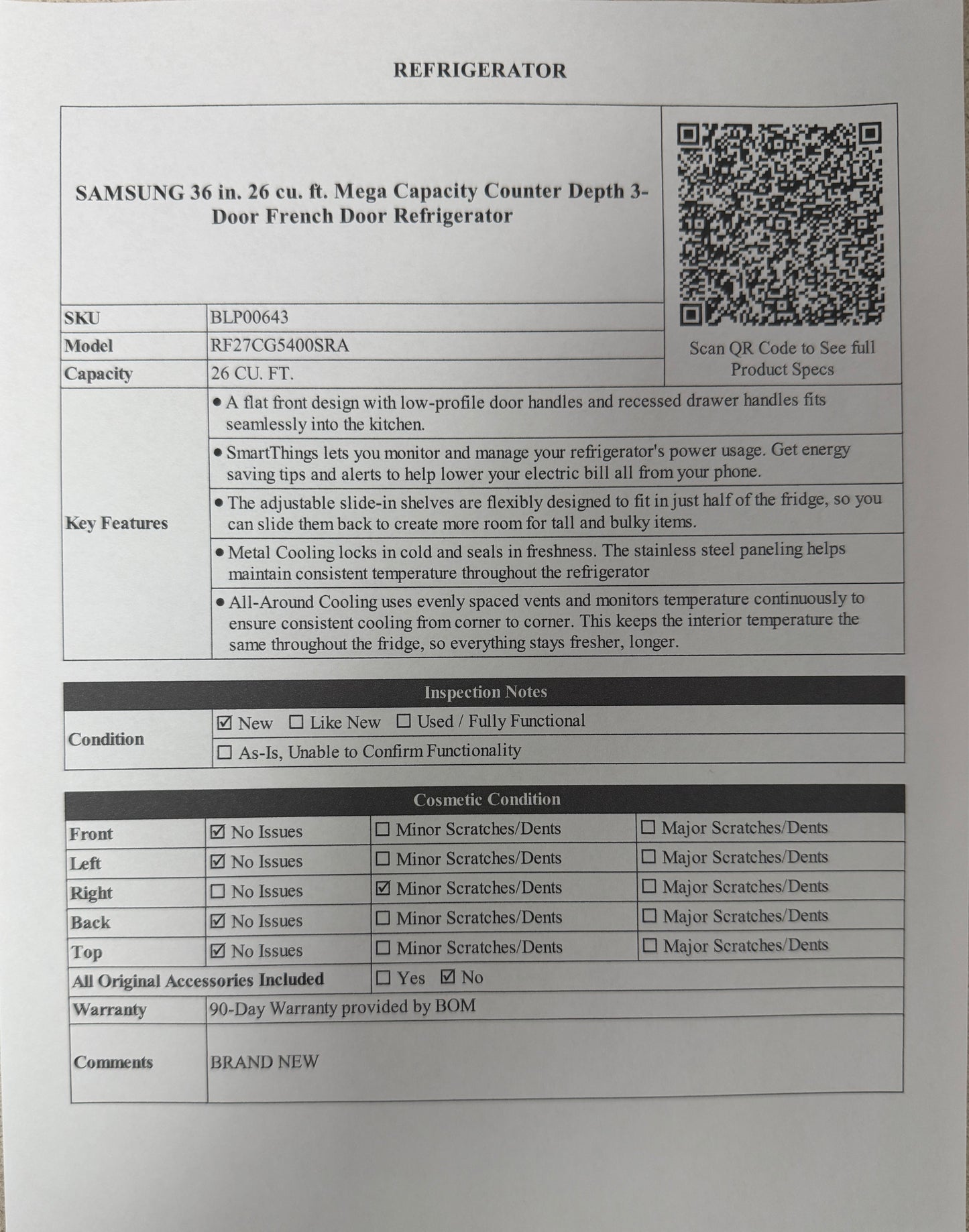 BLP00643 - SAMSUNG 36 in. 26 cu. ft. Mega Capacity Counter Depth 3-Door French Door Refrigerator - RF27CG5400SRA
