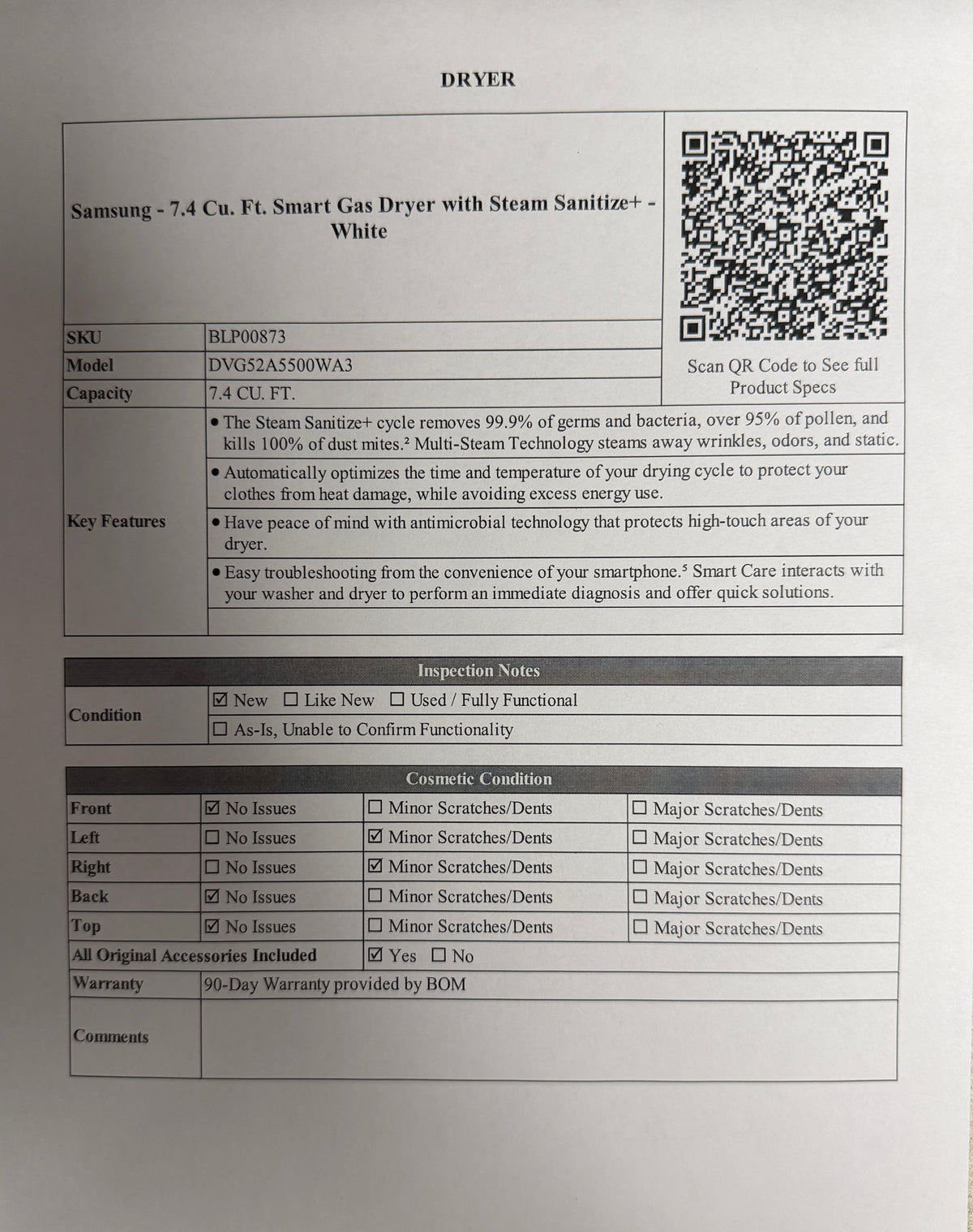BLP00873 - Samsung - 7.4 Cu. Ft. Smart Gas Dryer with Steam Sanitize+ - White - DVG52A5500WA3