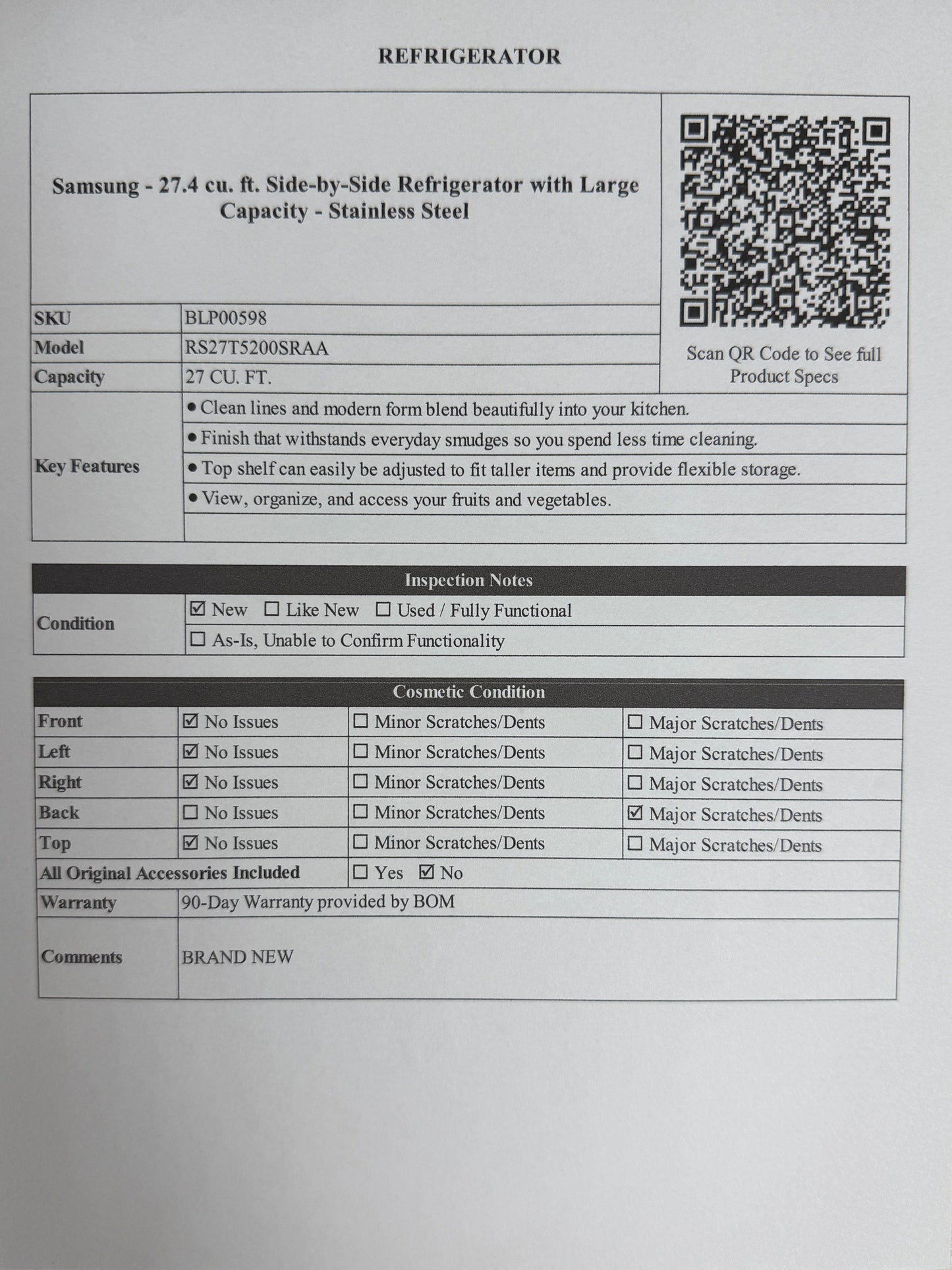 BLP00598 - Samsung - 27.4 cu. ft. Side-by-Side Refrigerator with Large Capacity - Stainless Steel - RS27T5200SRAA - Brand New