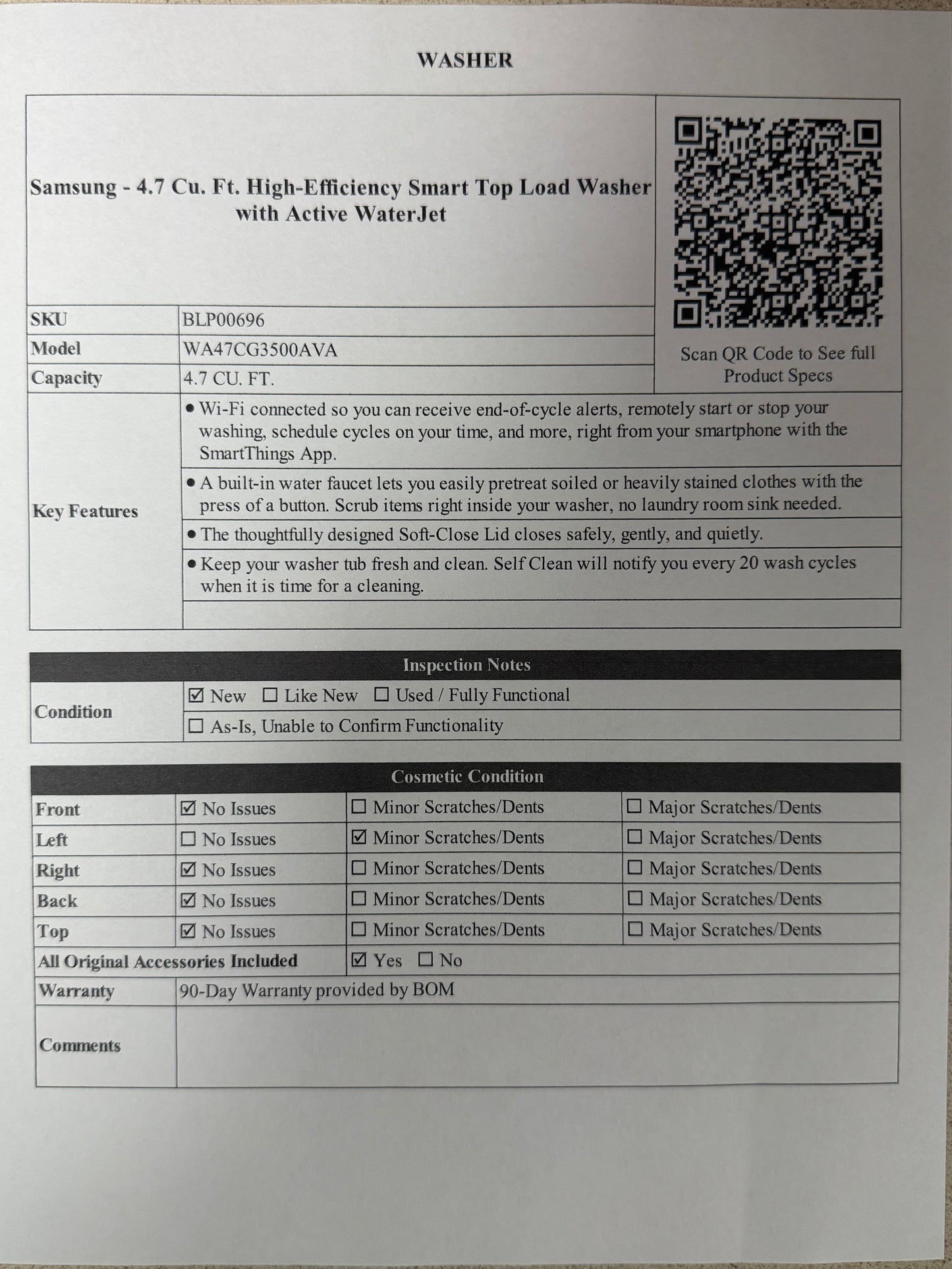 BLP00696 - Samsung - 4.7 Cu. Ft. High-Efficiency Smart Top Load Washer with Active WaterJet - WA47CG3500AVA