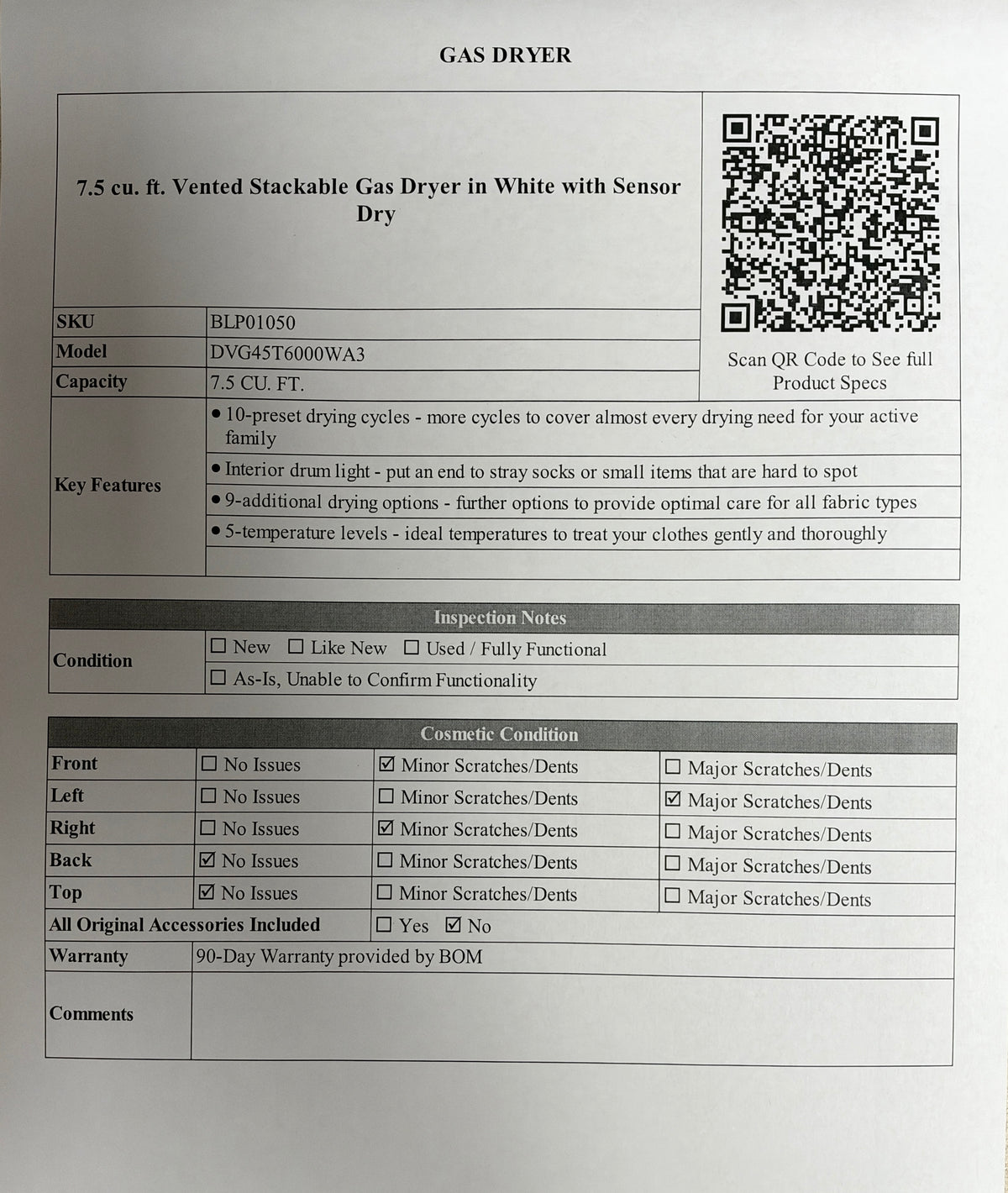BLP01050 - Samsung 7.5 cu. ft. Vented Stackable Gas Dryer in White with Sensor Dry - DVG45T6000WA3