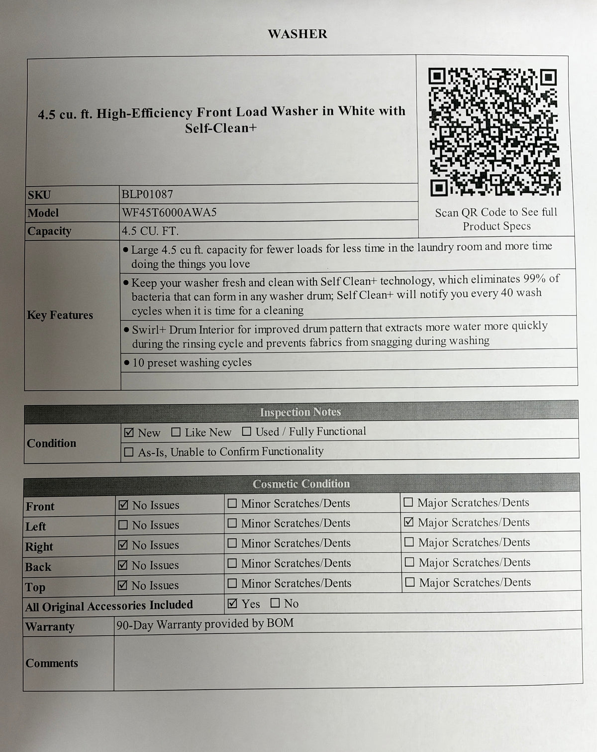 BLP01087 - Samsung 4.5 cu. ft. High-Efficiency Front Load Washer in White with Self-Clean+ - WF45T6000AWA5