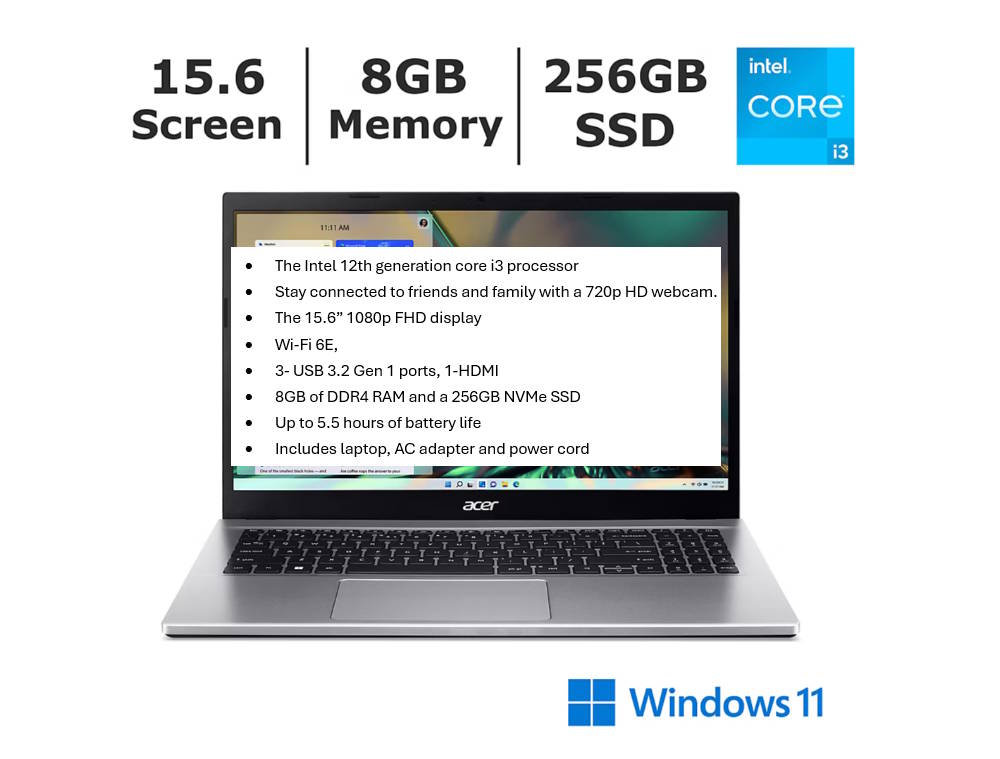 Acer Aspire 3 Full HD 15.6" Laptop, Intel Core i3 Processor, 8GB/256GB SSD NX.K7WAA.002-C