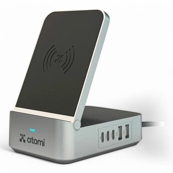 Atomi 55W Multi port charging station Qi - 20W PD port, dual USB-C ports, and dual smart USB-A ports, Supported for charging your Smartphones, Earphones, or Smart watches simultaneously - AT1705
