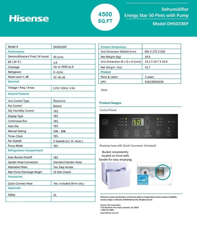 Hisense 50 Pint 3-Speed Dehumidifier with pump, 4500 sq ft, 3 Speeds (Lo, Hi, Auto) - DH5023KP