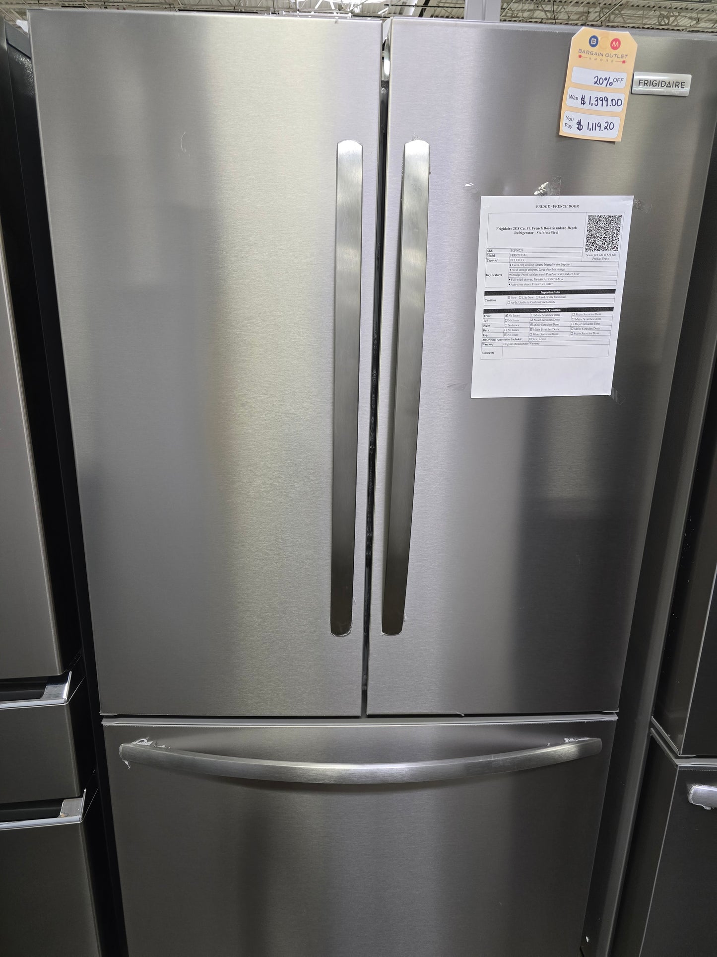 Frigidaire - 36 in 28.8 cu. ft. Standard Depth French Door Refrigerator in with Internal Water Dispenser - Stainless Steel - FRFN2813AF- SN 4A437112067