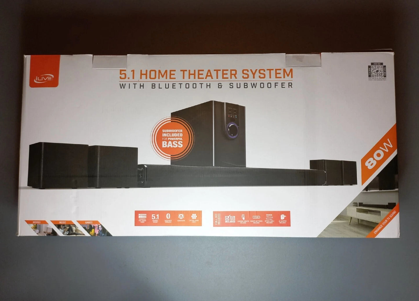 Live IHTB142B0 5.1 Channel Bluetooth Home Theater System, Black /80W ILIVE5.1-R