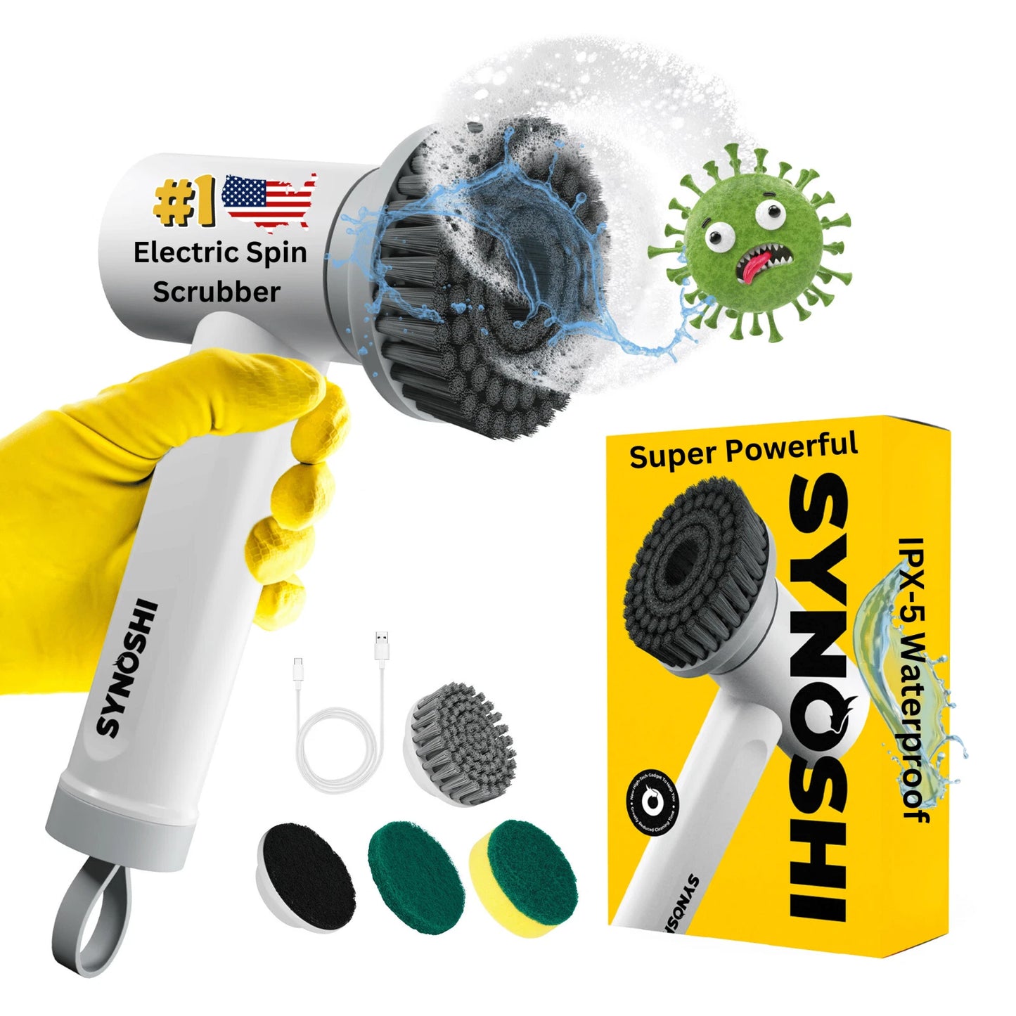 AC250916 Synoshi® | Electric Spin Scrubber | Cordless Power Brush with 3 Cleaning Heads