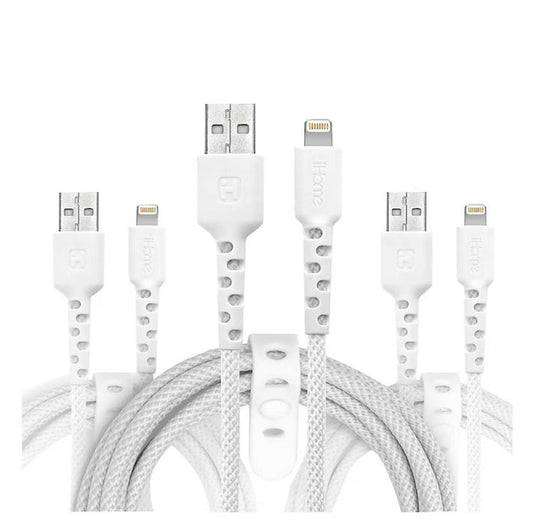 iHome TPE Durastrain Light-ning to USB-A Nylon Braided Charging Cable with Silicone Wrap, 3 pk 2IHLC2289W0L2
