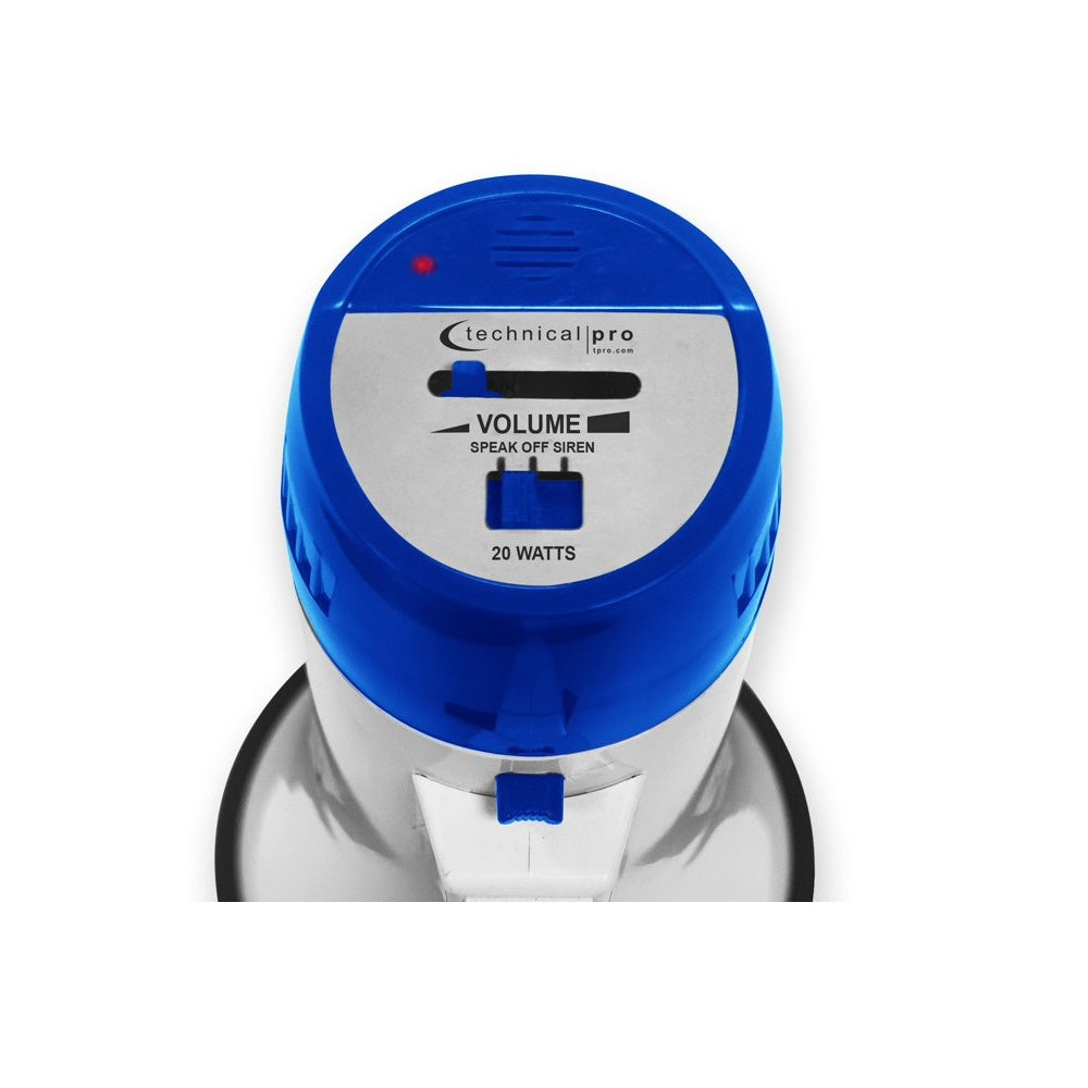 Technical Pro MPH20BL 20W Portable Megaphone with Siren, 300M Voice Range Blue Bullhorn