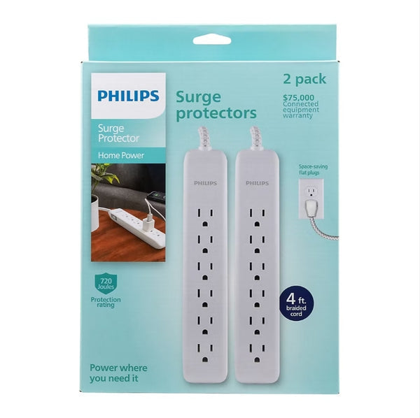Philips 6-Outlet Surge Protector w/ 4' Braided Cord 720J 2 pk White  SPP3383W37