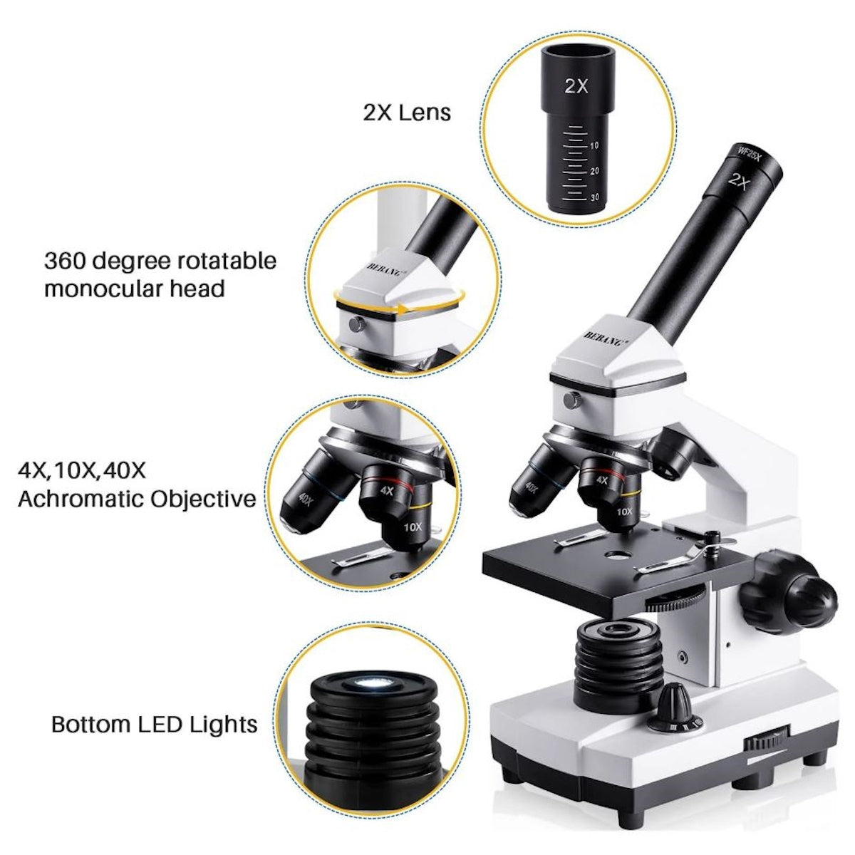 BEBANG 100X-2000X Microscopes for Kids Students Adults with Slides Set, Phone Adapter