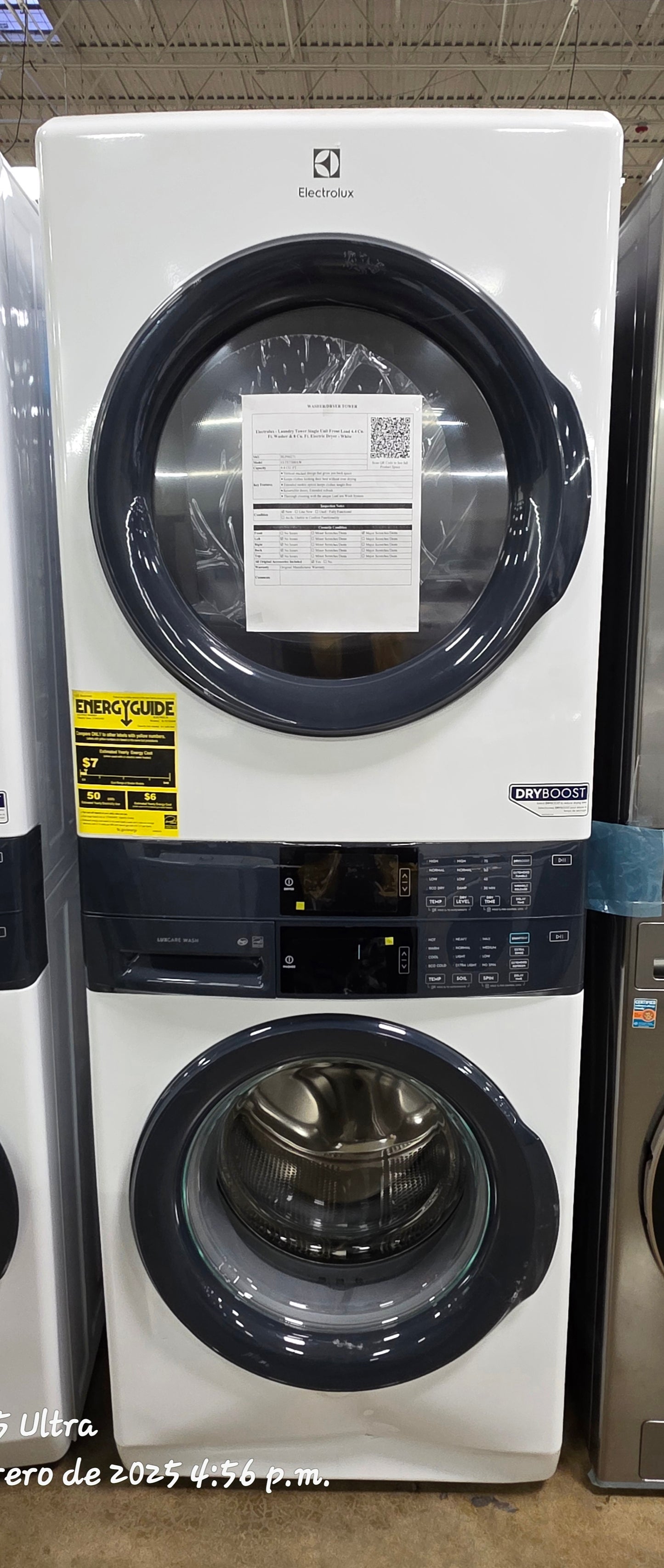 Electrolux - 4.4 cu. ft. Stacked Washer and 8.0 cu. ft. Electric Dryer Laundry Tower in White with LuxCare Wash, Energy Star - White  - ELTE7300AW- SN 4B43406278