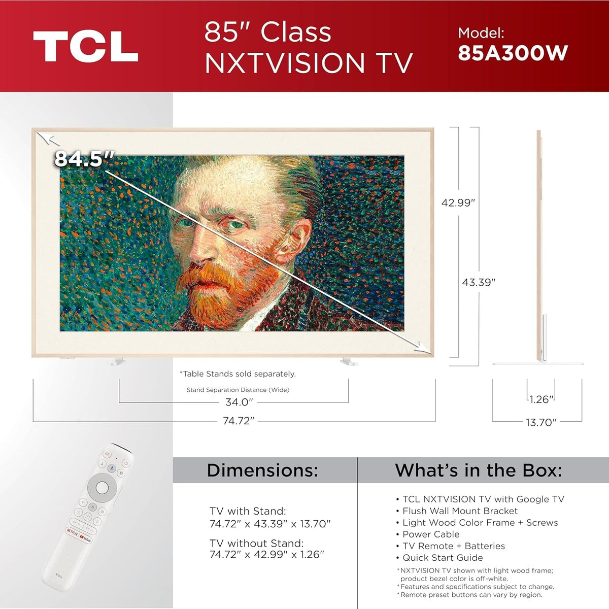 AZ0000000002915 TCL 85" Class 85A300W NXTVISION Series 4K QLED Art TV with Magnetic Frame AS IS NO WARRANTY