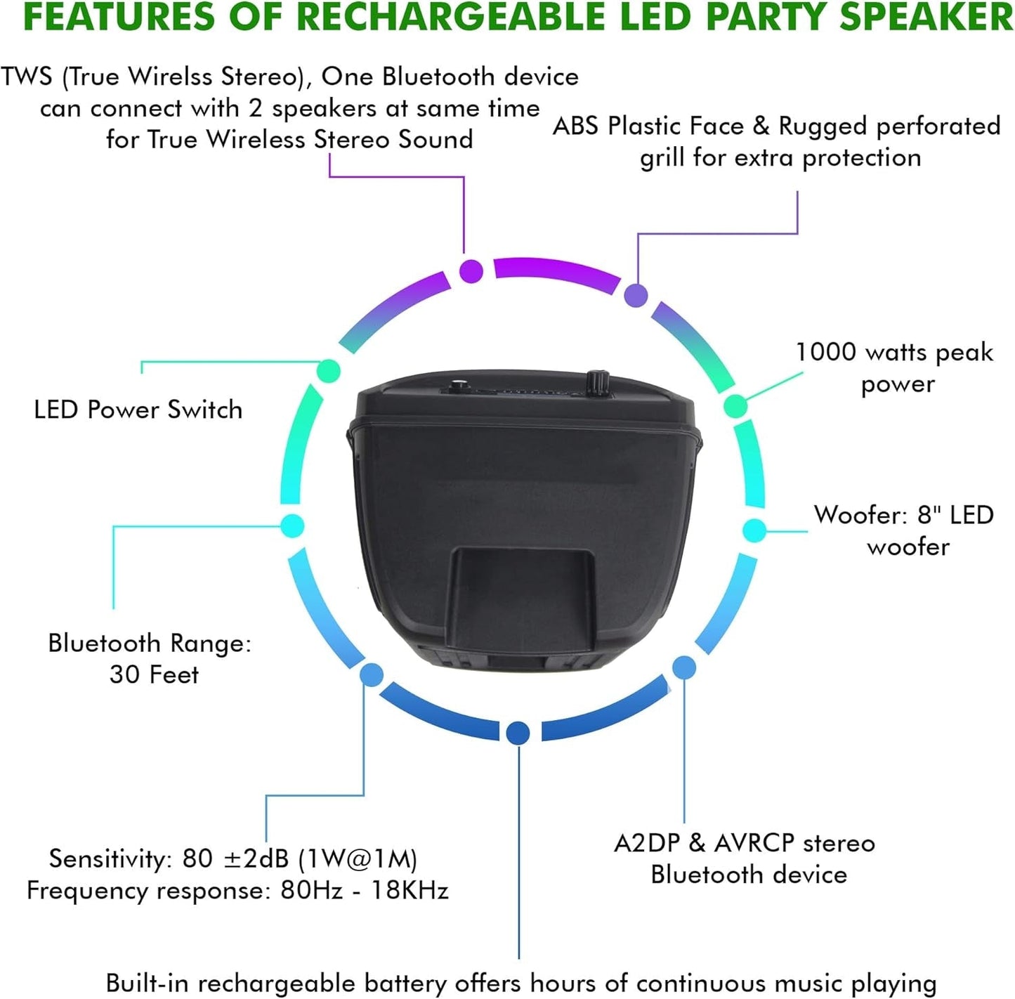 Technical Pro Rechargeable 8" Bluetooth LED Speaker with USB Card Inputs BOOM8