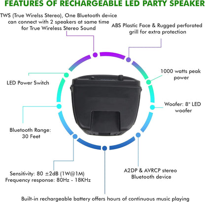 Technical Pro Rechargeable 8" Bluetooth LED Speaker with USB Card Inputs BOOM8
