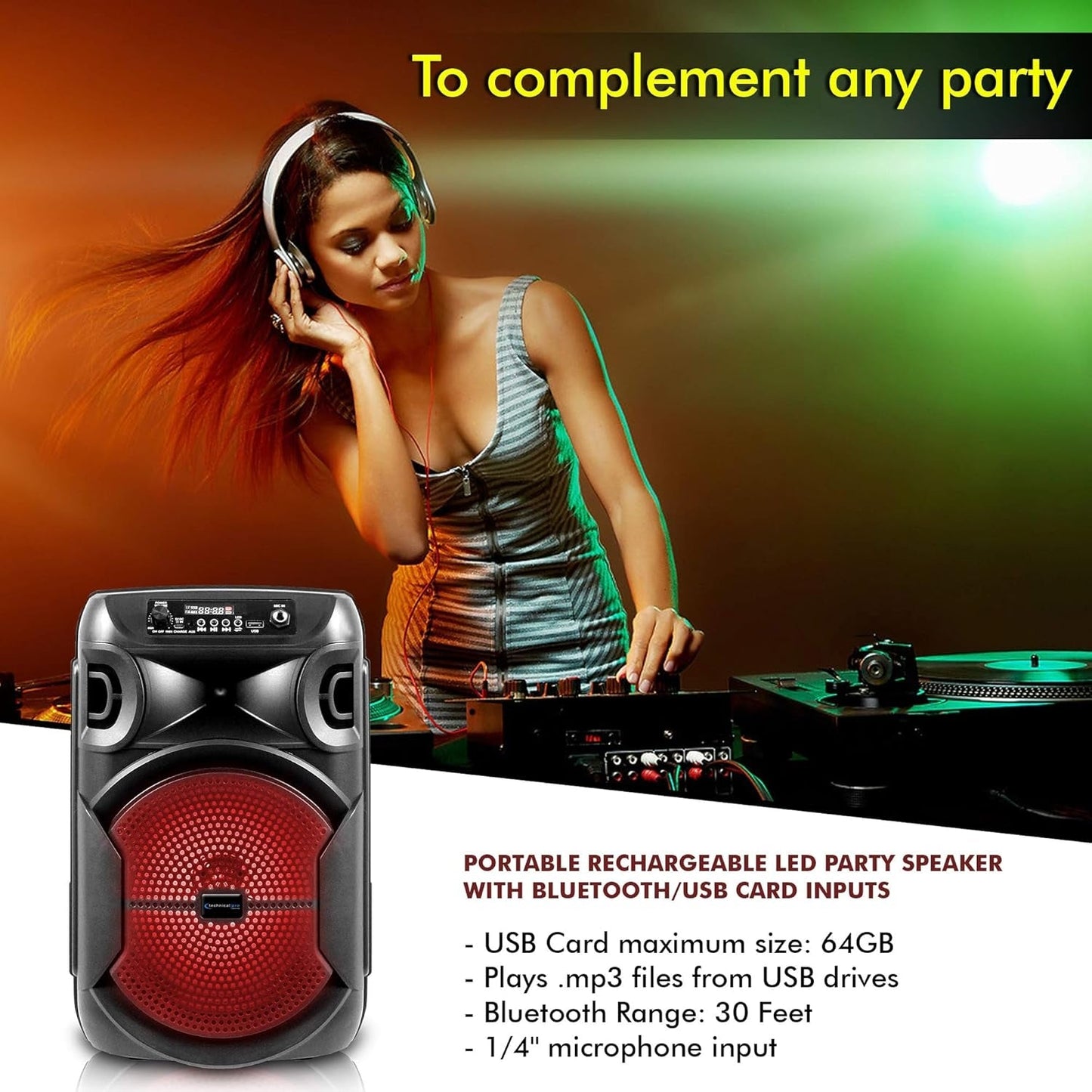 Technical Pro Rechargeable 8" Bluetooth LED Speaker with USB Card Inputs BOOM8