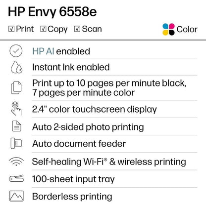 HP Envy 6558E Wireless All-in-One Color Photo Inkjet Printer White 714N8A