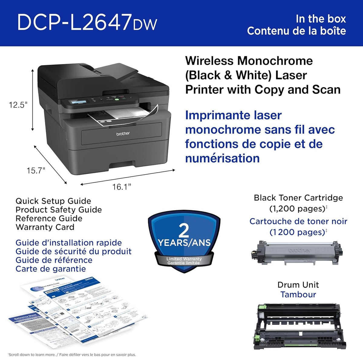 Brother DCP-L2647DW Wireless Compact Monochrome Multi-Function Laser Printer