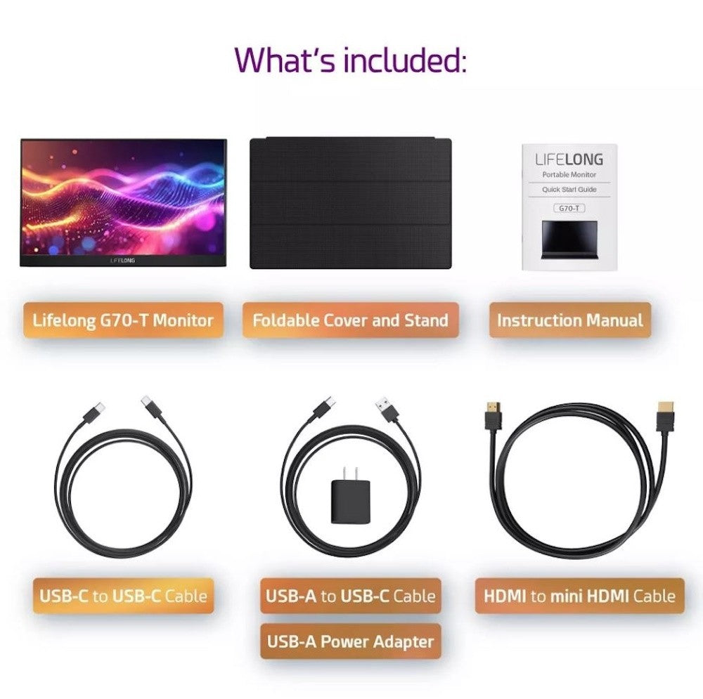 Lifelong 15.6" 1080P Portable Monitor G70-T IPS, Built-In Speakers, 60Hz, HDMI & USB-C G70-T-BF