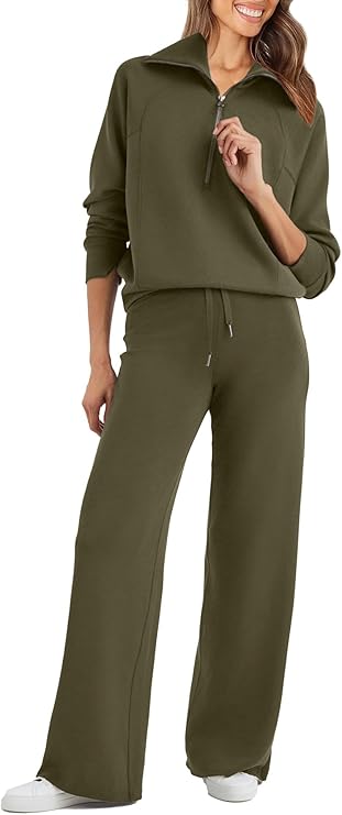 AC250895 Glamaker Womens 2 Piece Outfits Sweatsuit Set Oversized Half Zip Sweatshirt Wide Leg Sweatpants Lounge Set Tracksuit