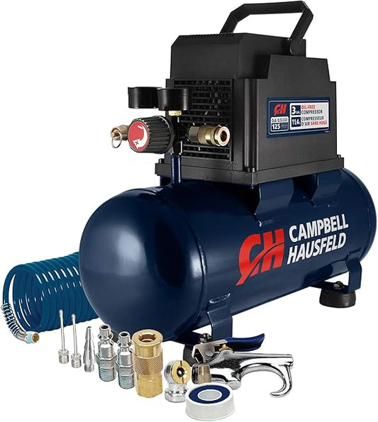 AC250614 Campbell Hausfeld 3 gallon Air Compressor with Inflation Kit & Air Hose, 3 Gallon Portable w/Accessory Kit
