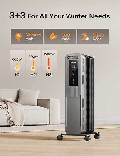 PELONIS Oil Filled Radiator, Electric Space Heater for Indoor Use Large Room with Thermostat & Remote, 3 Modes & 3 Heat Settings, ECO Mode, 24H Timer, Quiet, Overheat & Tip-Over Protection, 1500W PSHO07JR4AGB-O