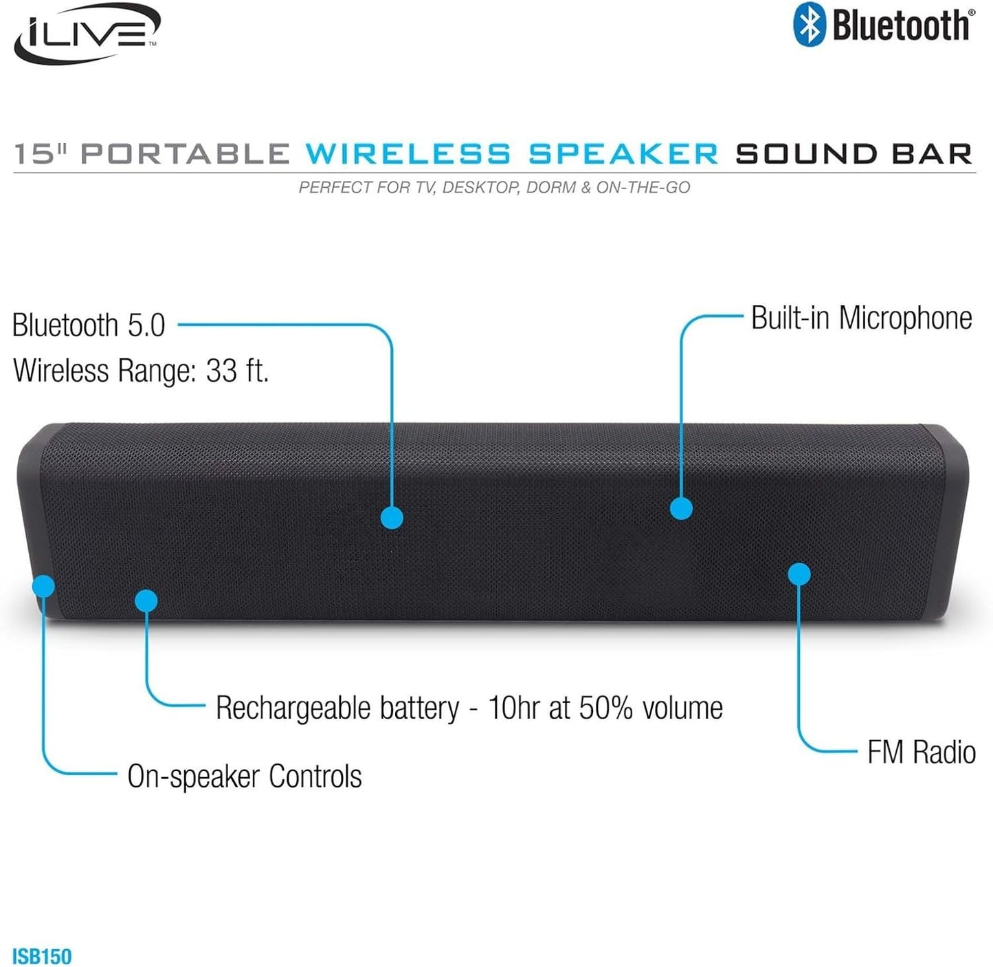 iLive Electronics 15 Inch Portable Wireless Speaker Sound Bar, Rechargeable Battery, Built in Microphone, Black ISB150B-R