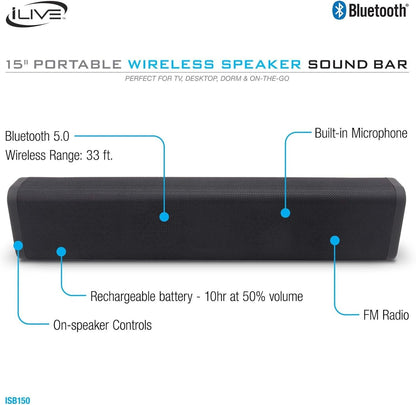 iLive Electronics 15 Inch Portable Wireless Speaker Sound Bar, Rechargeable Battery, Built in Microphone, Black ISB150B-R