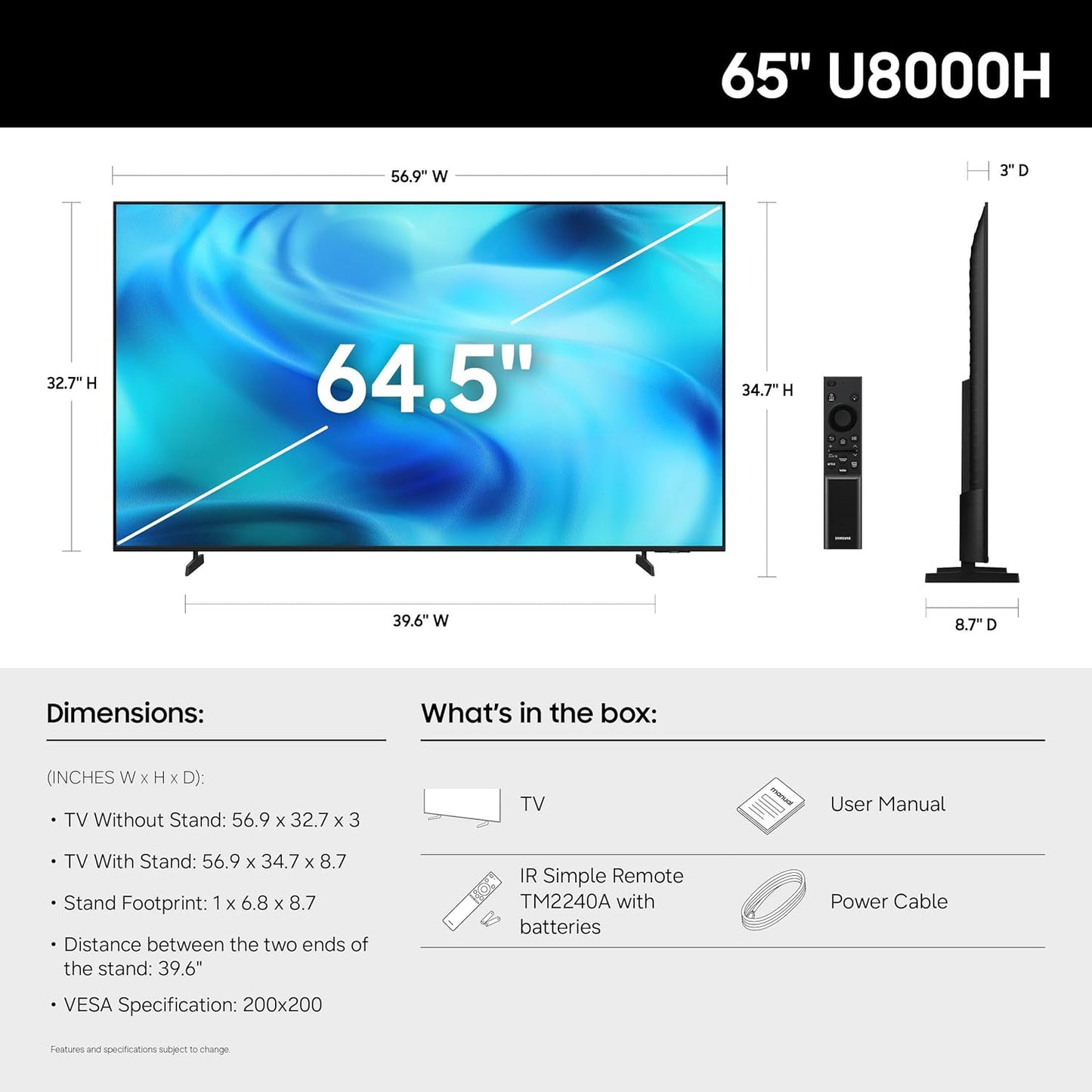 Samsung 65-Inch Class U8000H Series Crystal UHD, 4K, Smart TV UN65U8000H-R
