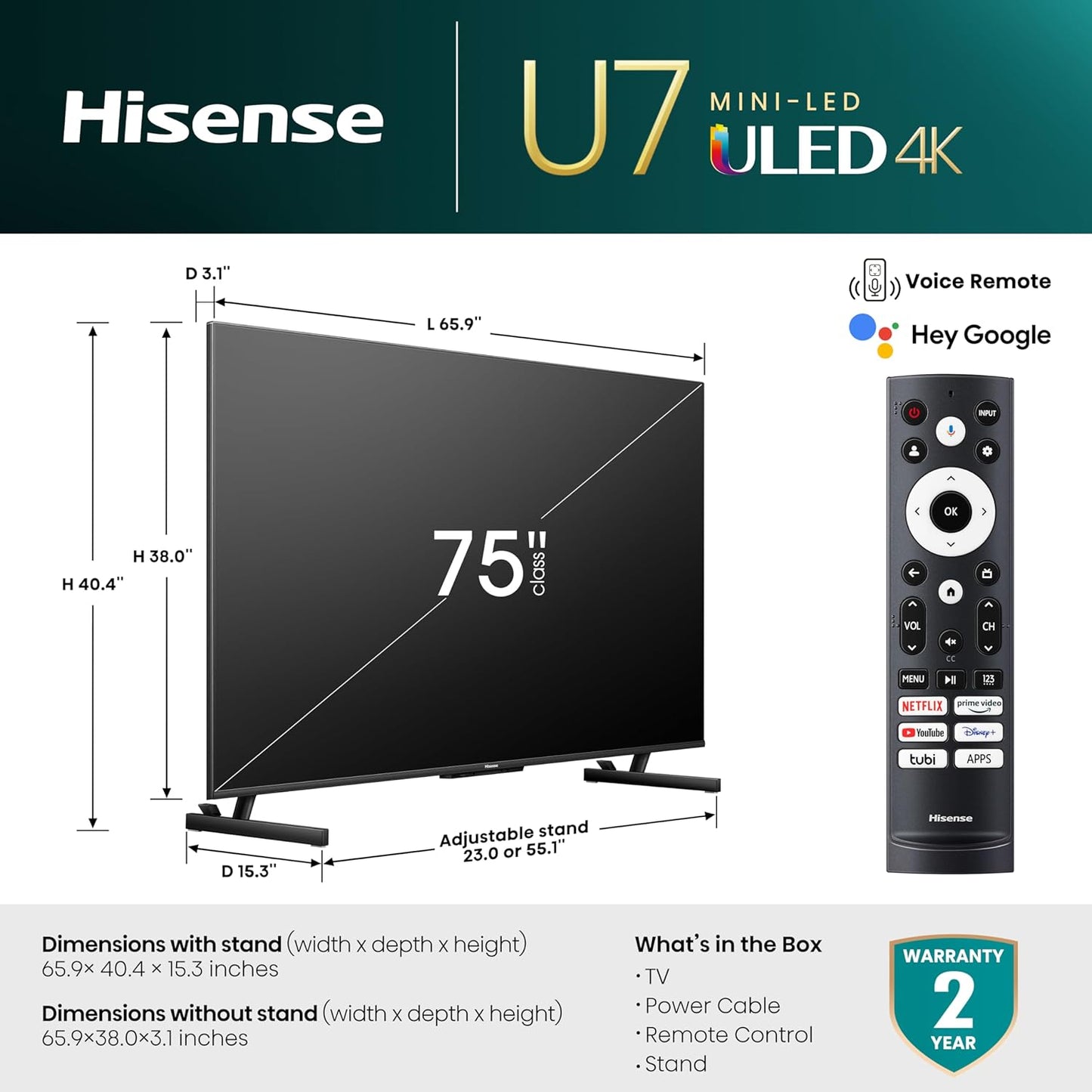 Hisense 75" Class U7 Series Mini-LED ULED 4K Google TV 75U7K