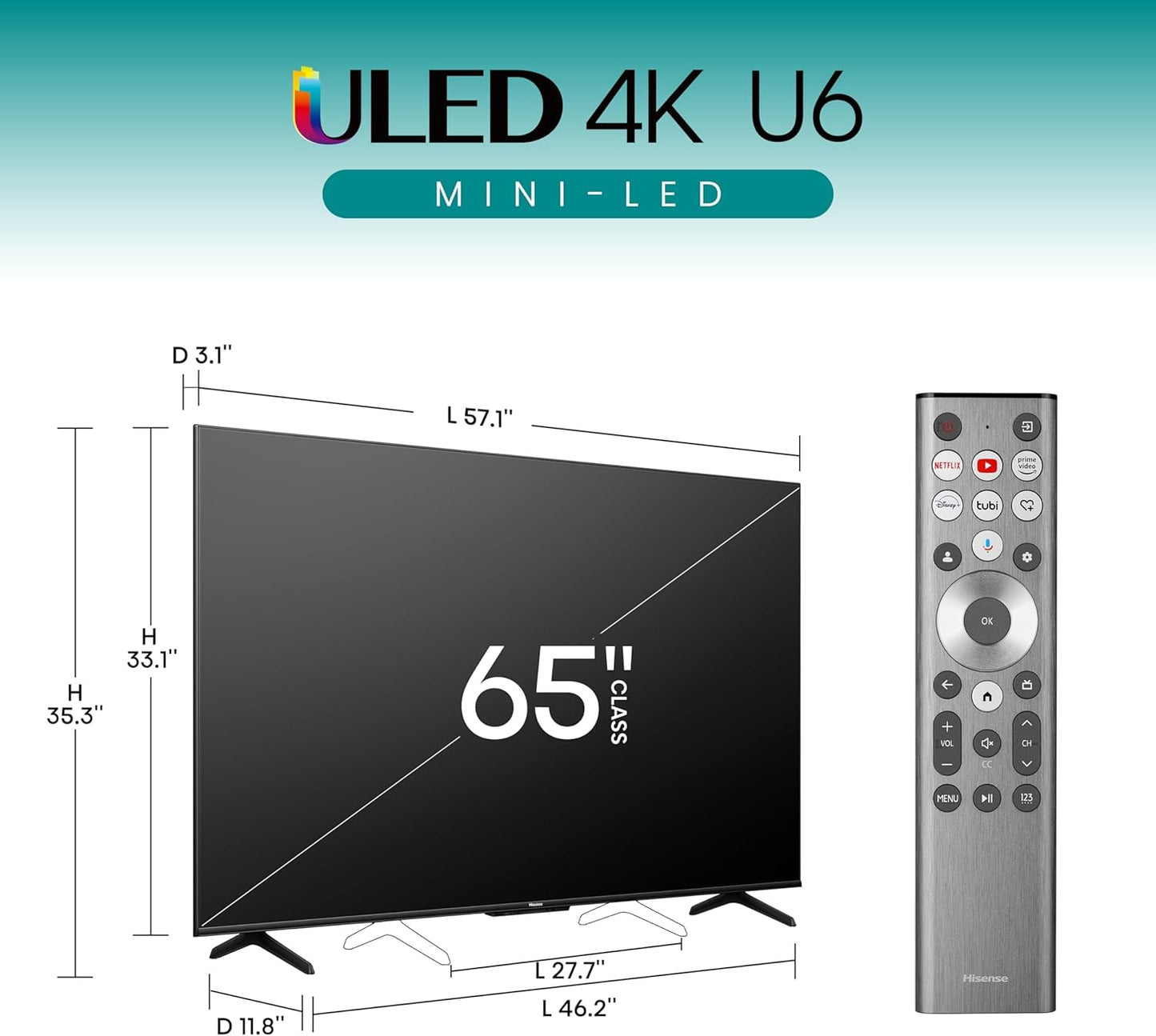 Hisense 65" Class U6 Series Mini-LED ULED 4K Google TV 65U6N-C