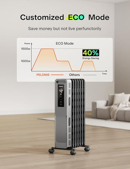 PELONIS Oil Filled Radiator, Electric Space Heater for Indoor Use Large Room with Thermostat & Remote, 3 Modes & 3 Heat Settings, ECO Mode, 24H Timer, Quiet, Overheat & Tip-Over Protection, 1500W PSHO07JR4AGB-O