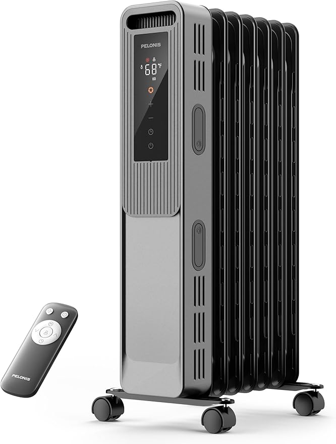 PELONIS Oil Filled Radiator, Electric Space Heater for Indoor Use Large Room with Thermostat & Remote, 3 Modes & 3 Heat Settings, ECO Mode, 24H Timer, Quiet, Overheat & Tip-Over Protection, 1500W PSHO07JR4AGB-O