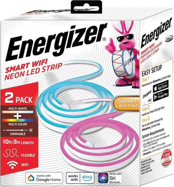 Energizer Connect Smart 10ft Neon Multi-Colored or White Plug-In LED Strip, 2pk EOS2-1003-2PK