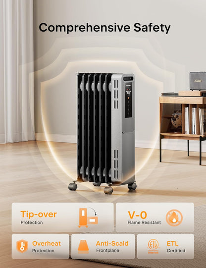 PELONIS Oil Filled Radiator, Electric Space Heater for Indoor Use Large Room with Thermostat & Remote, 3 Modes & 3 Heat Settings, ECO Mode, 24H Timer, Quiet, Overheat & Tip-Over Protection, 1500W PSHO07JR4AGB-O
