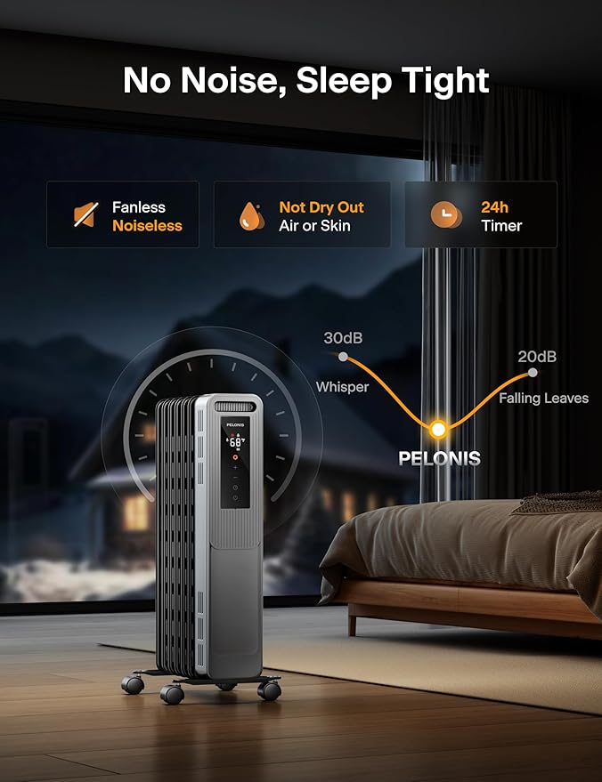 PELONIS Oil Filled Radiator, Electric Space Heater for Indoor Use Large Room with Thermostat & Remote, 3 Modes & 3 Heat Settings, ECO Mode, 24H Timer, Quiet, Overheat & Tip-Over Protection, 1500W PSHO07JR4AGB-O