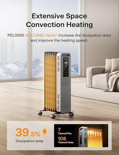 PELONIS Oil Filled Radiator, Electric Space Heater for Indoor Use Large Room with Thermostat & Remote, 3 Modes & 3 Heat Settings, ECO Mode, 24H Timer, Quiet, Overheat & Tip-Over Protection, 1500W PSHO07JR4AGB-O