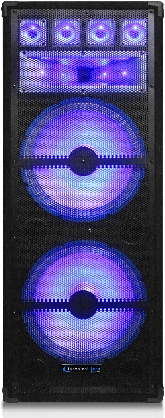 Technical Pro VRTX215 Double 15" 360W RMS, 1800W Peak Power, 2-Way Carpeted Cabinet Speaker with Steel Grill, Dual 15" Woofers, 4 Piezo Tweeters, 8 Ohms Impedance, 45Hz-20kHz VRTX215LED_SP-C