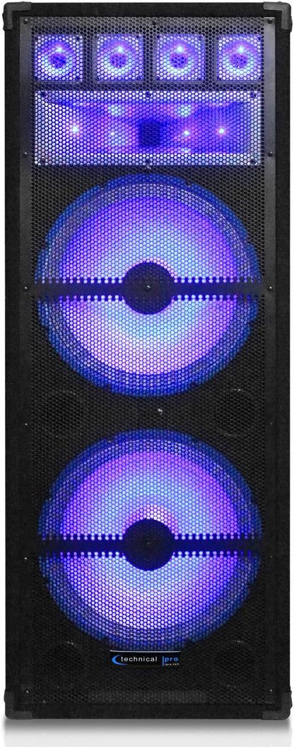 Technical Pro VRTX215 Double 15" 360W RMS, 1800W Peak Power, 2-Way Carpeted Cabinet Speaker with Steel Grill, Dual 15" Woofers, 4 Piezo Tweeters, 8 Ohms Impedance, 45Hz-20kHz VRTX215LED_SP-C