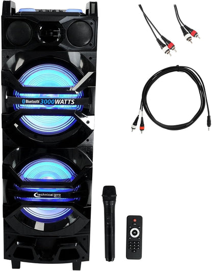 Technical Pro Dual 10" 3000w Rechargeable Karaoke Machine System w/Bluetooth BS10BAT-C