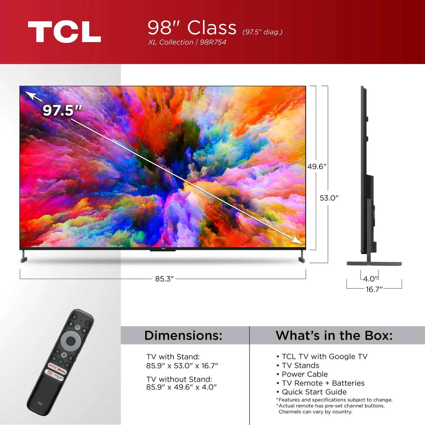 98R754-R TCL 98" Class XL Collection 4K UHD QLED Mini LED  Dolby Vision HDR Smart Google TV