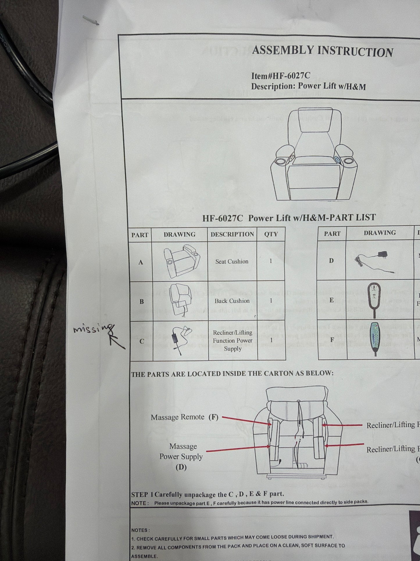 BJF250355 Madison Power Lift Recliner with Heat & Massage - Missing recliner power supply