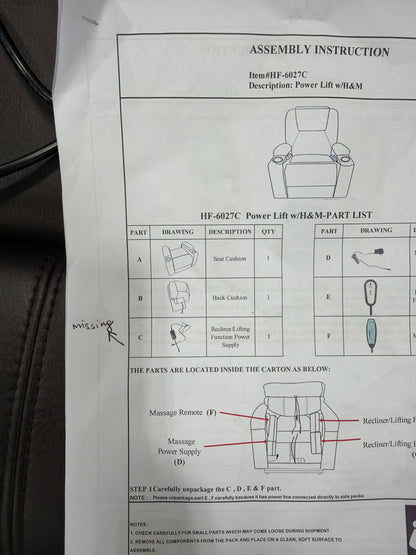 BJF250355 Madison Power Lift Recliner with Heat & Massage - Missing recliner power supply