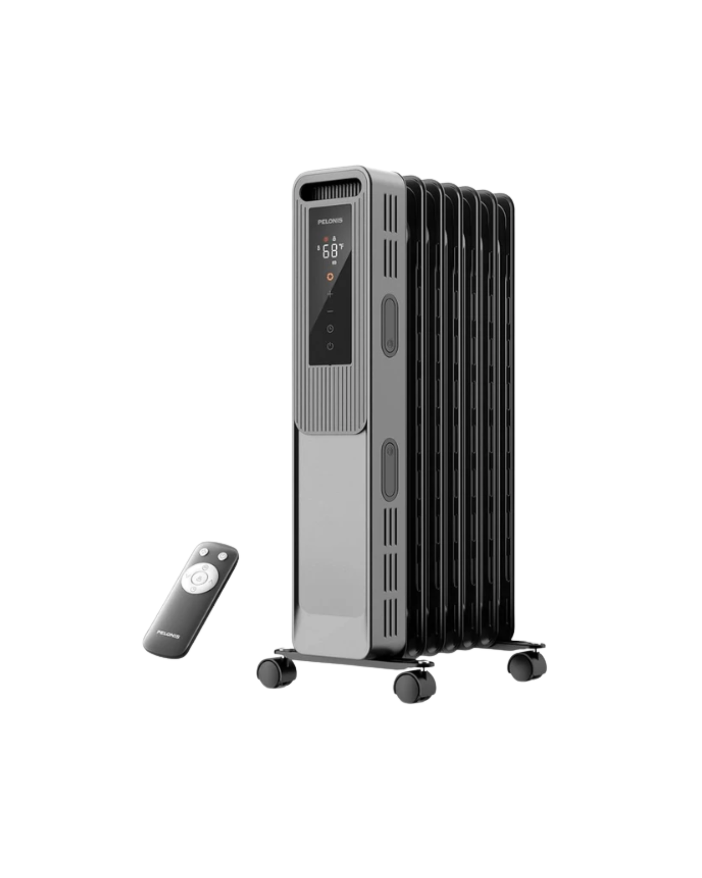 PELONIS Oil Filled Radiator, Electric Space Heater for Indoor Use Large Room with Thermostat & Remote, 3 Modes & 3 Heat Settings, ECO Mode, 24H Timer, Quiet, Overheat & Tip-Over Protection, 1500W PSHO07JR4AGB-O