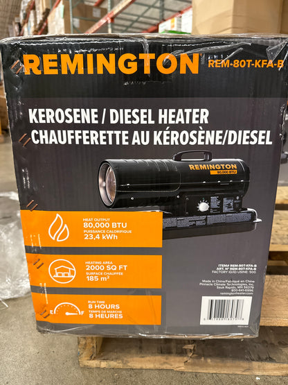AC250007 Remington Heater Kerosene Forced Air Heater with Thermostat, 80,000 BTU, Black, REM-80T-KFA-B REM80TKFAB