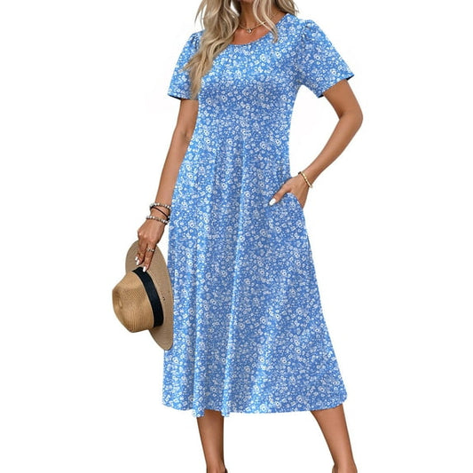 AC250936 Fantaslook Summer Dresses for Women Casual Short Sleeve Pleated Dress Flowy Floral Dress with Pockets Flare Midi Sundress